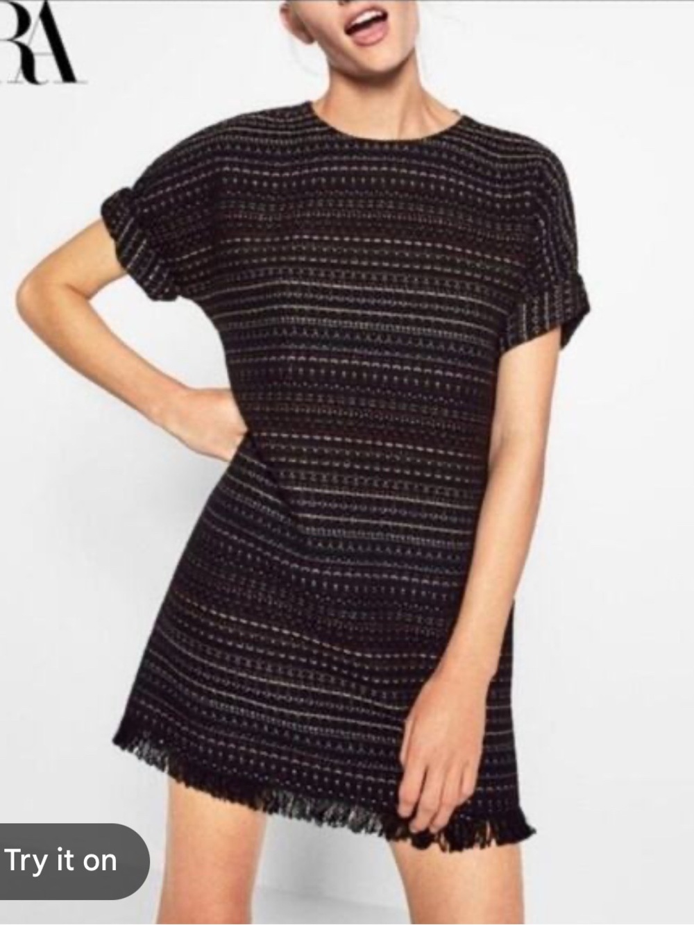 Zara Black Textured Fringe Hem Mini Dress